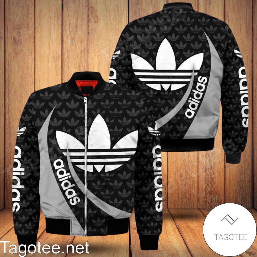 Adidas Logo Full Print Black Mix Grey Bomber Jacket