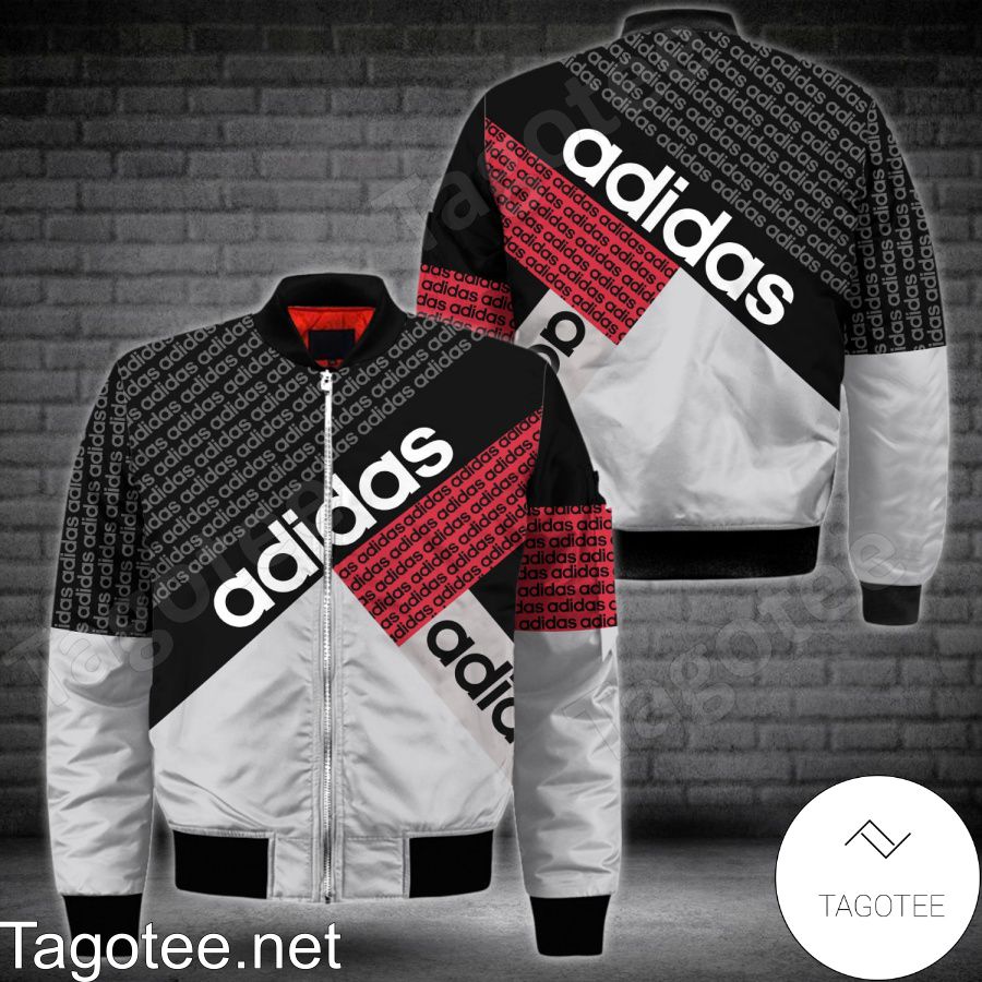 Adidas Luxury Brand Name Print Black And Grey Bomber Jacket