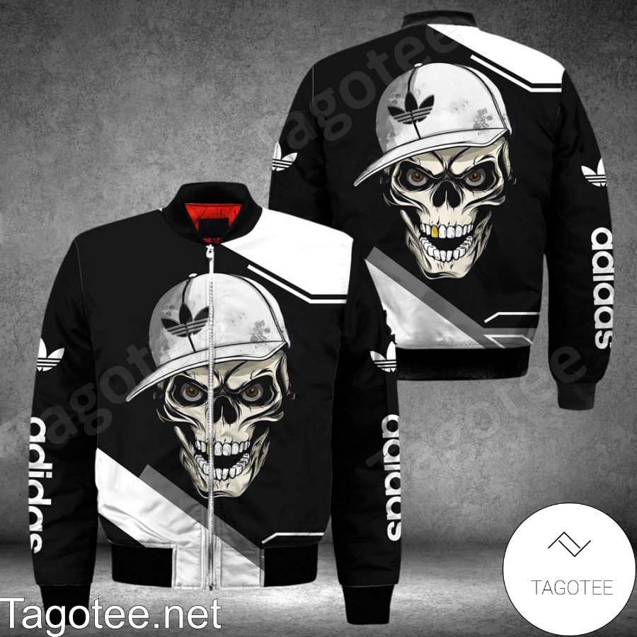 Adidas Skull Wearing Hat Black And White Bomber Jacket