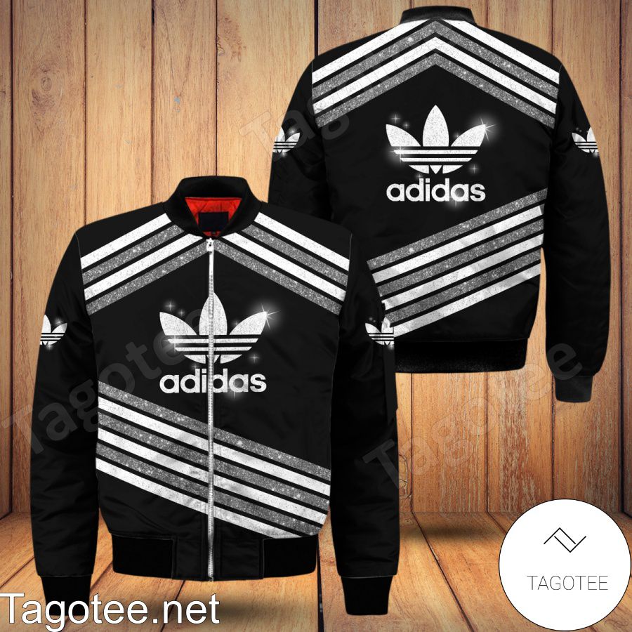 Adidas White And Grey Glitter Stripes Bomber Jacket