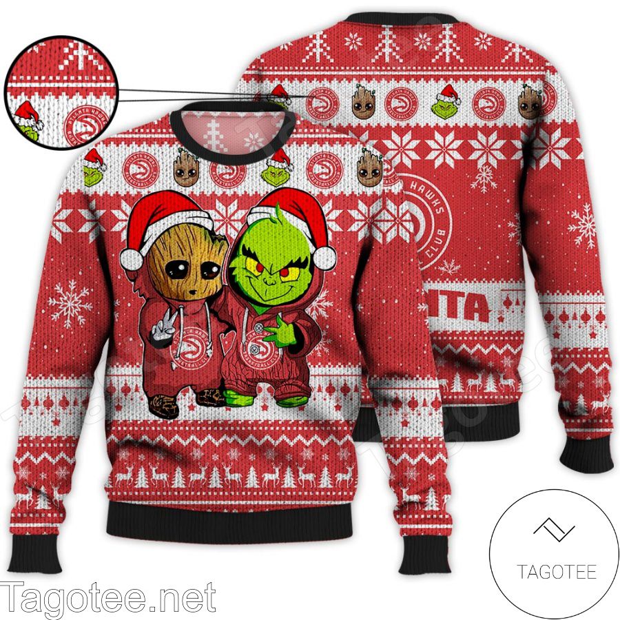 Atlanta Hawks Baby Groot And Grinch NBA Ugly Christmas Sweater