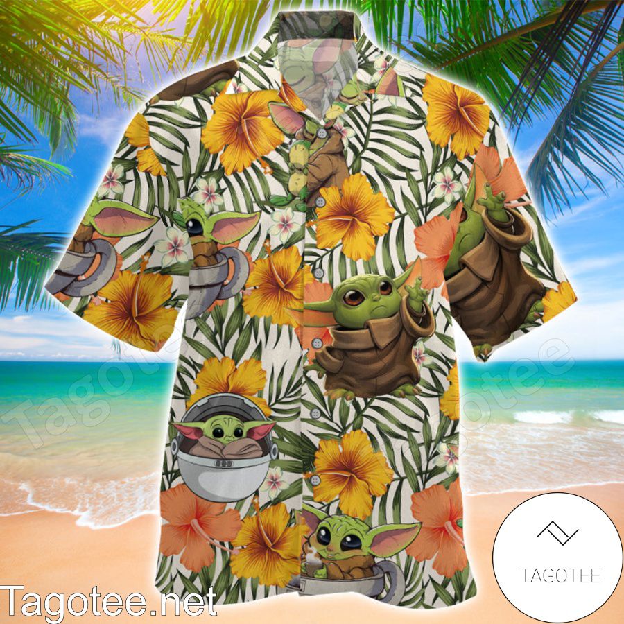 Baby Yoda Hibiscus Palm Leaf Hawaiian Shirt