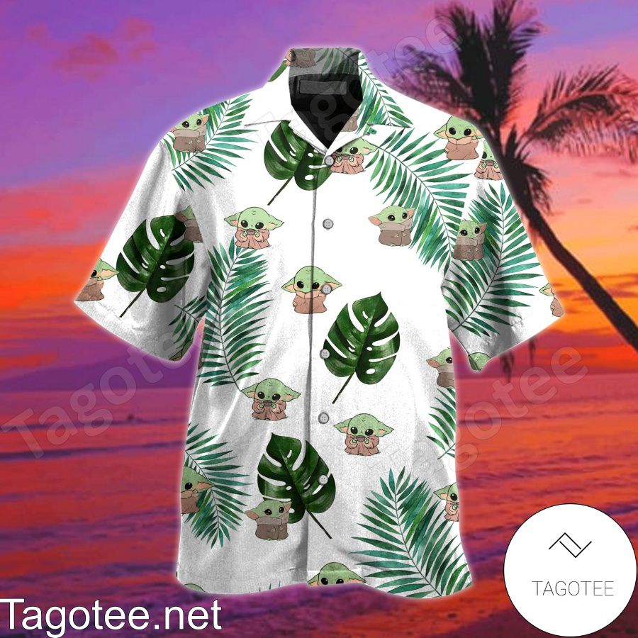 Baby Yoda Tropical Leaves Hawaiian Shirt