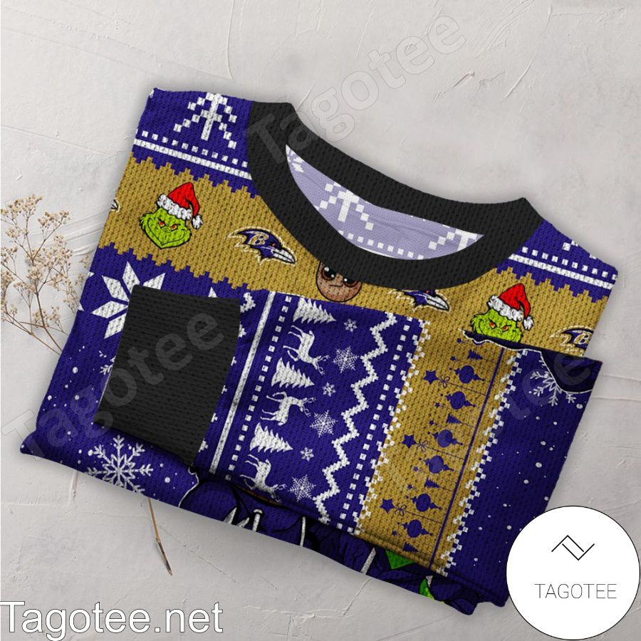 Baltimore Ravens Baby Groot And Grinch NFL Ugly Christmas Sweater a