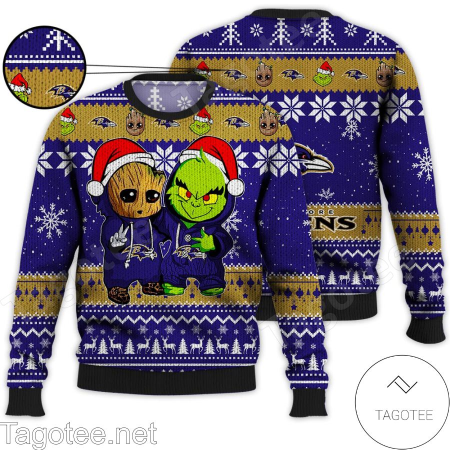 Baltimore Ravens Baby Groot And Grinch NFL Ugly Christmas Sweater