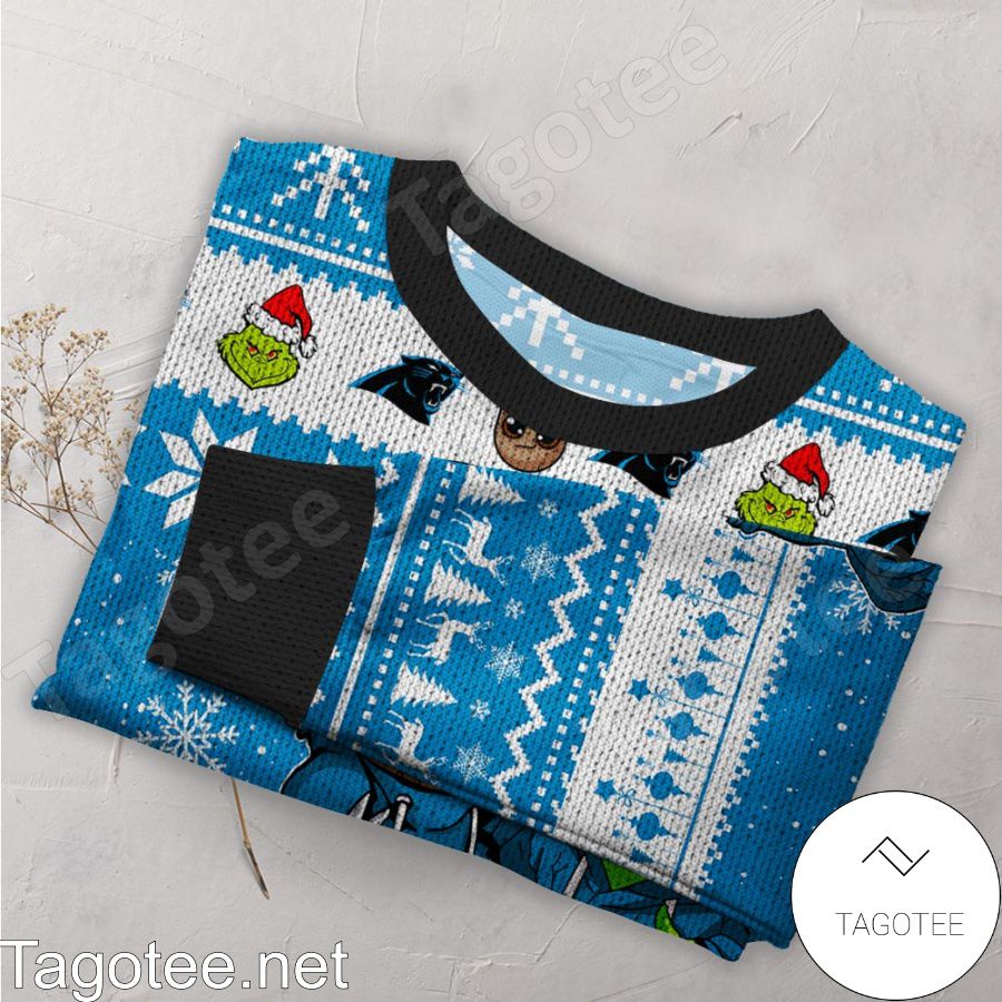 Carolina Panthers Baby Groot And Grinch NFL Ugly Christmas Sweater a