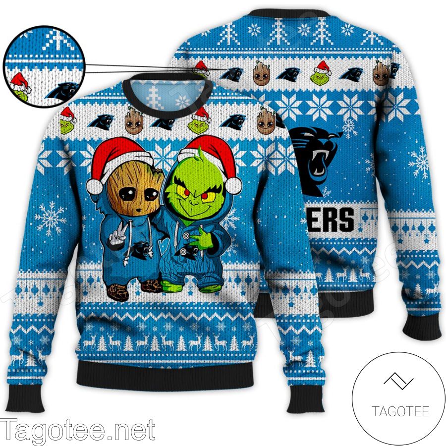 Carolina Panthers Baby Groot And Grinch NFL Ugly Christmas Sweater