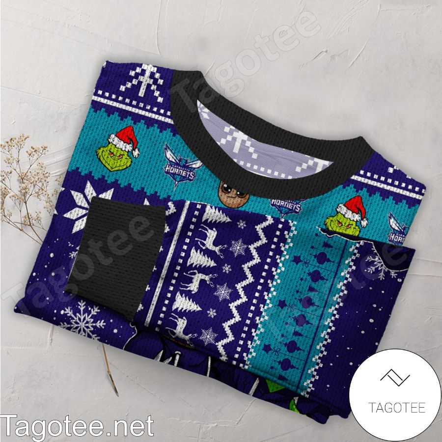 Charlotte Hornets Baby Groot And Grinch NBA Ugly Christmas Sweater a