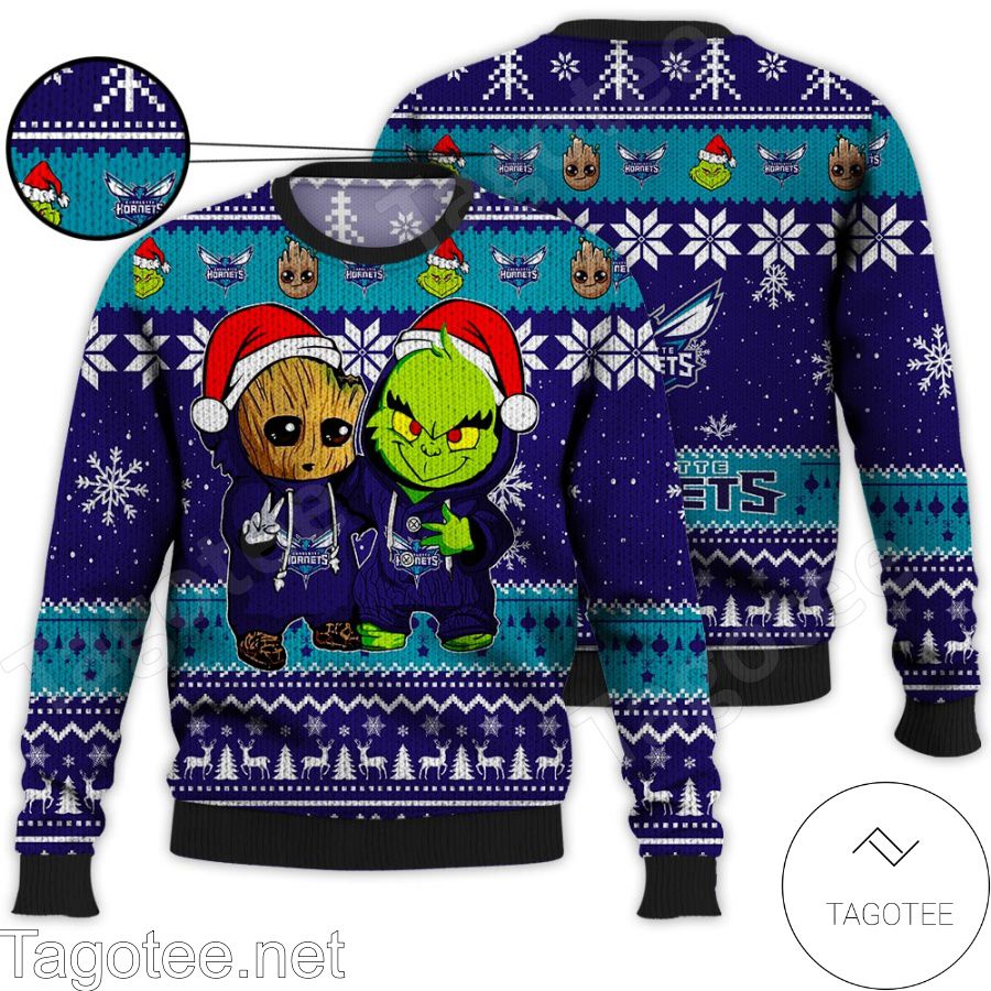 Charlotte Hornets Baby Groot And Grinch NBA Ugly Christmas Sweater