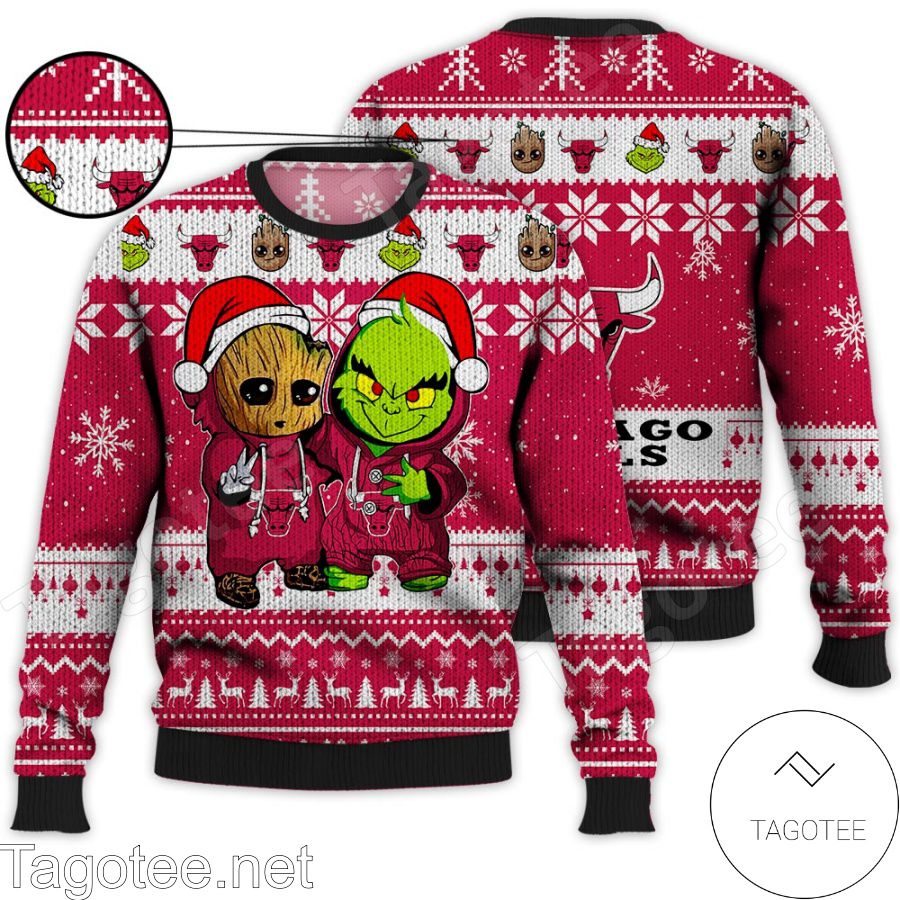 Chicago Bulls Baby Groot And Grinch NBA Ugly Christmas Sweater