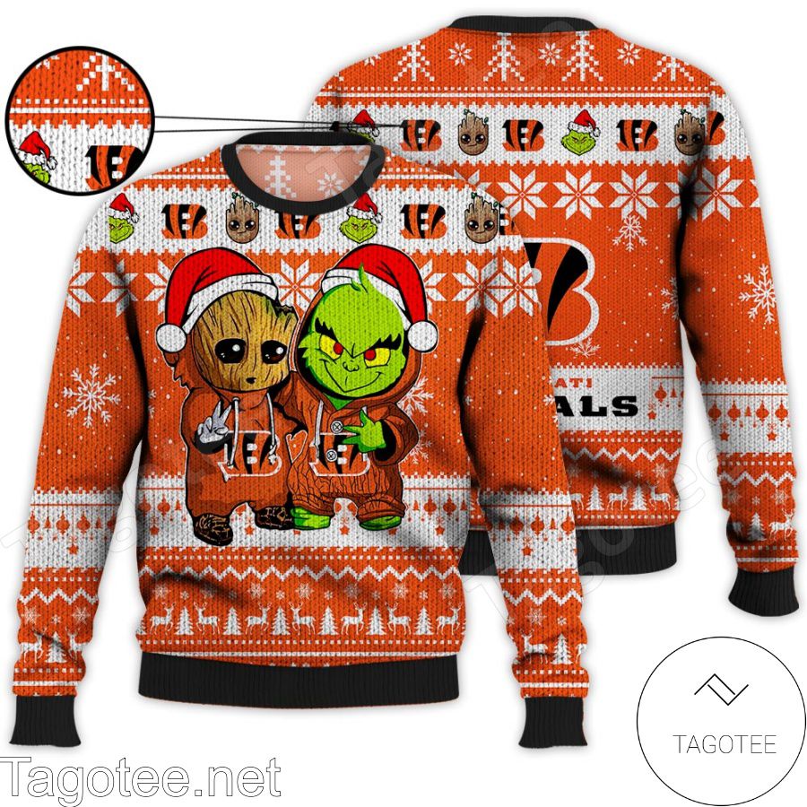 Cincinnati Bengals Baby Groot And Grinch NFL Ugly Christmas Sweater