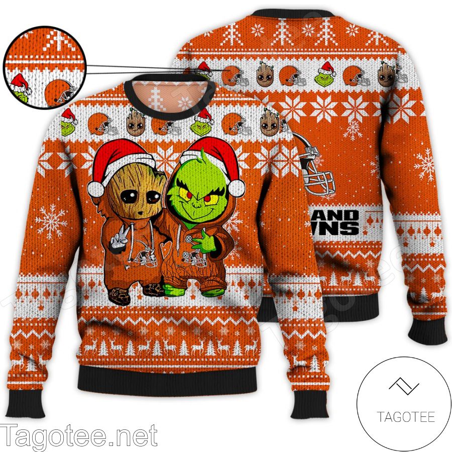 Cleveland Browns Baby Groot And Grinch NFL Ugly Christmas Sweater