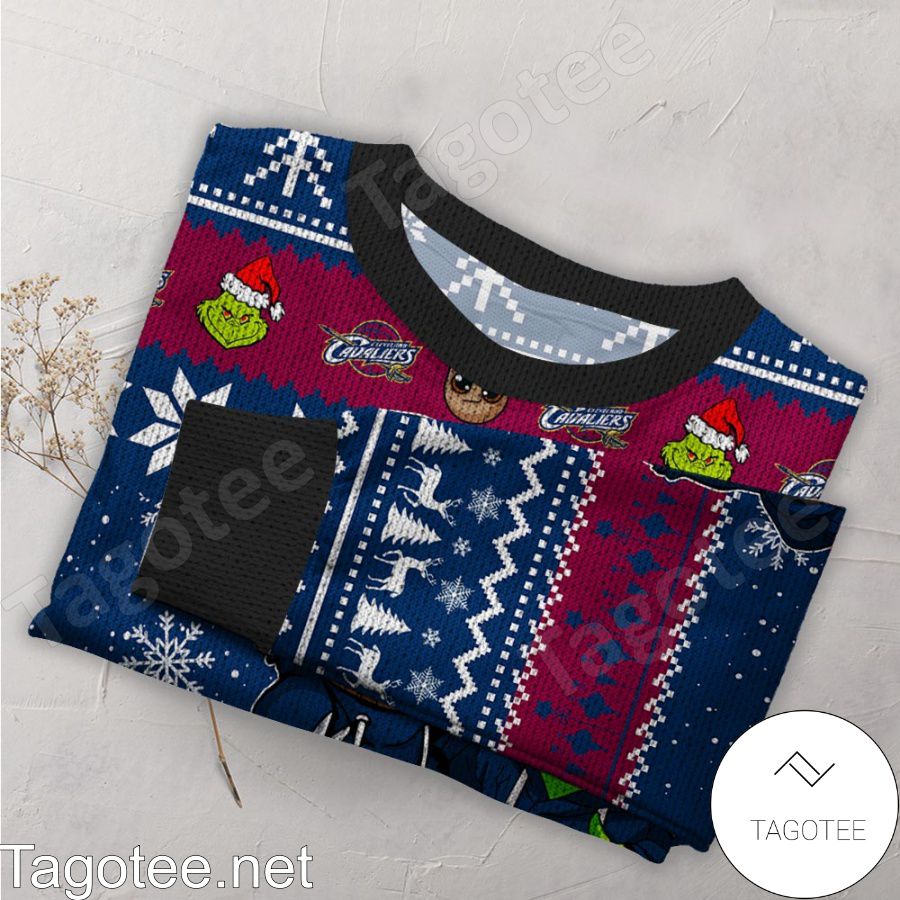 Cleveland Cavaliers Baby Groot And Grinch NBA Ugly Christmas Sweater a