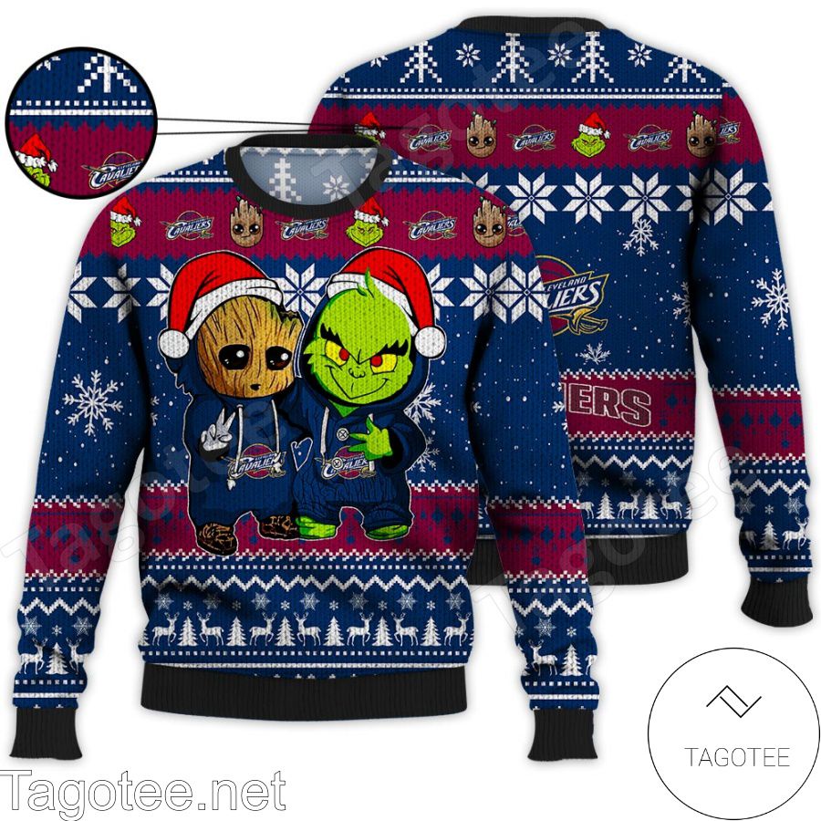 Cleveland Cavaliers Baby Groot And Grinch NBA Ugly Christmas Sweater