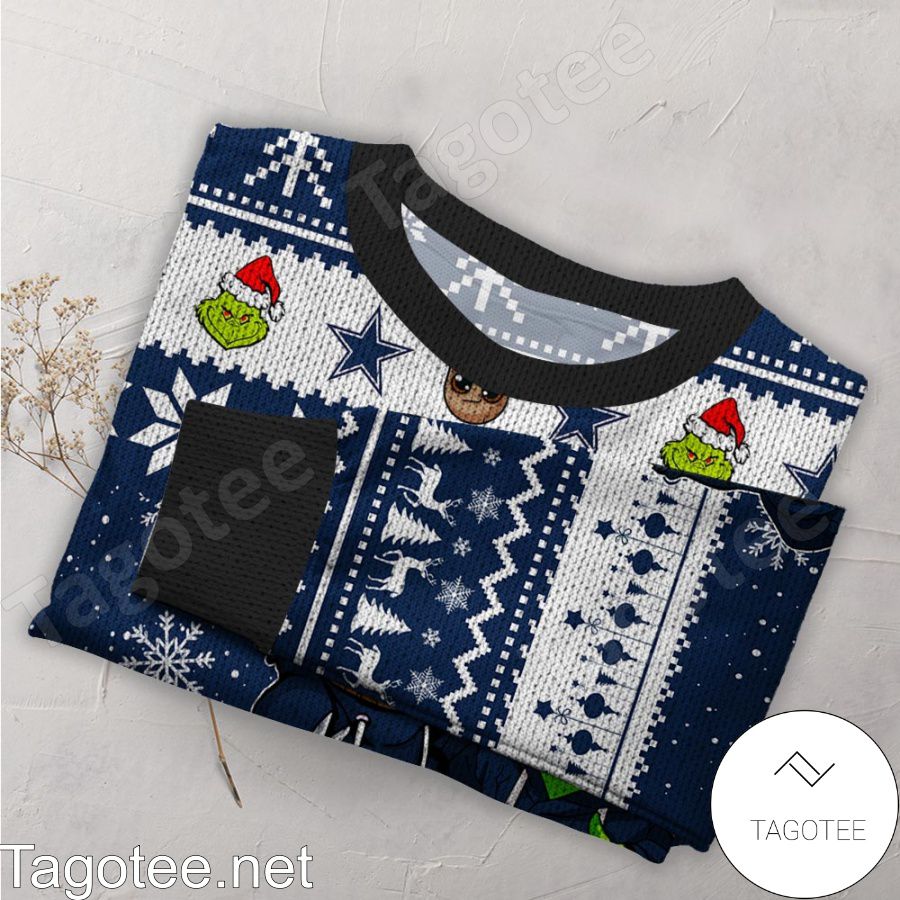 Dallas Cowboys Baby Groot And Grinch NFL Ugly Christmas Sweater a