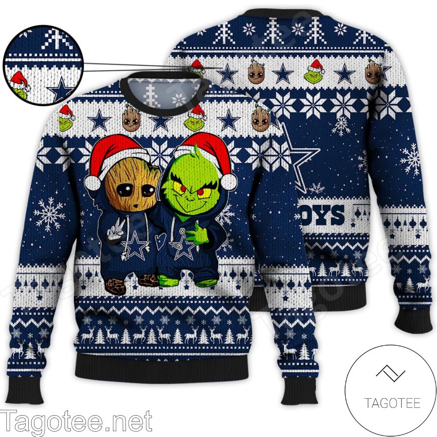 Dallas Cowboys Baby Groot And Grinch NFL Ugly Christmas Sweater