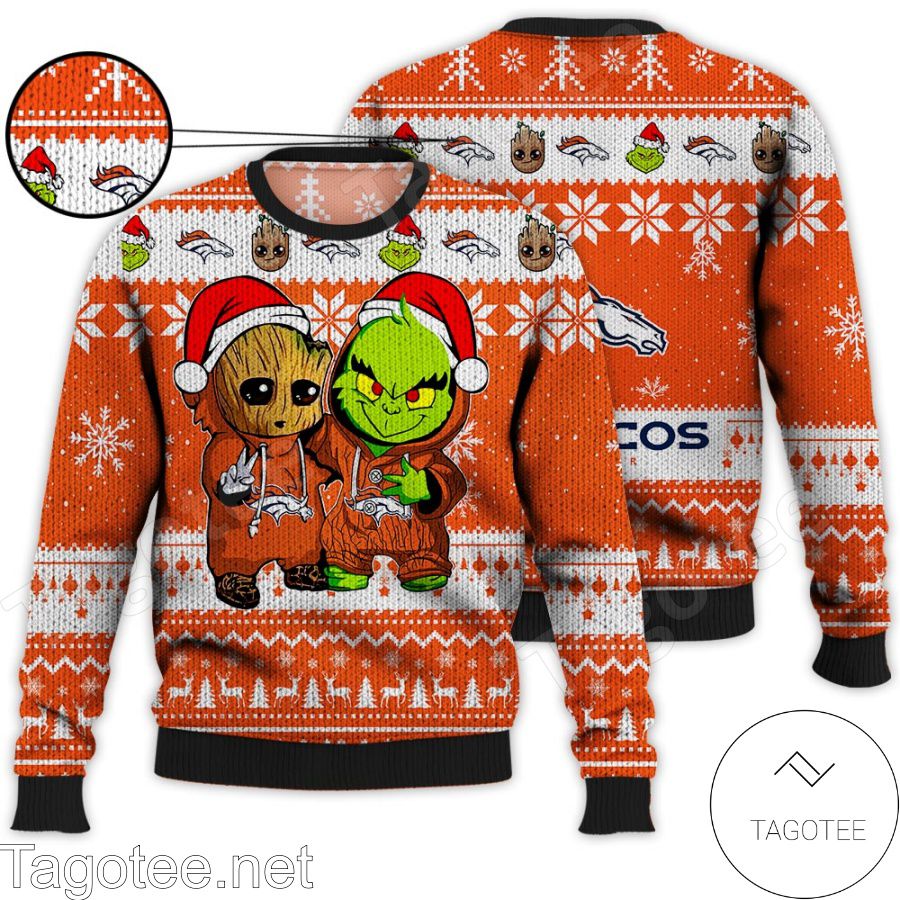 Denver Broncos Baby Groot And Grinch NFL Ugly Christmas Sweater