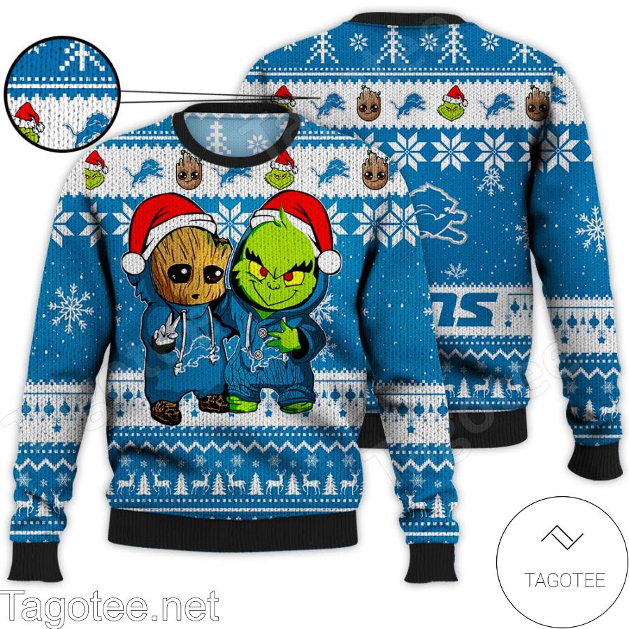 Detroit Lions Baby Groot And Grinch NFL Ugly Christmas Sweater