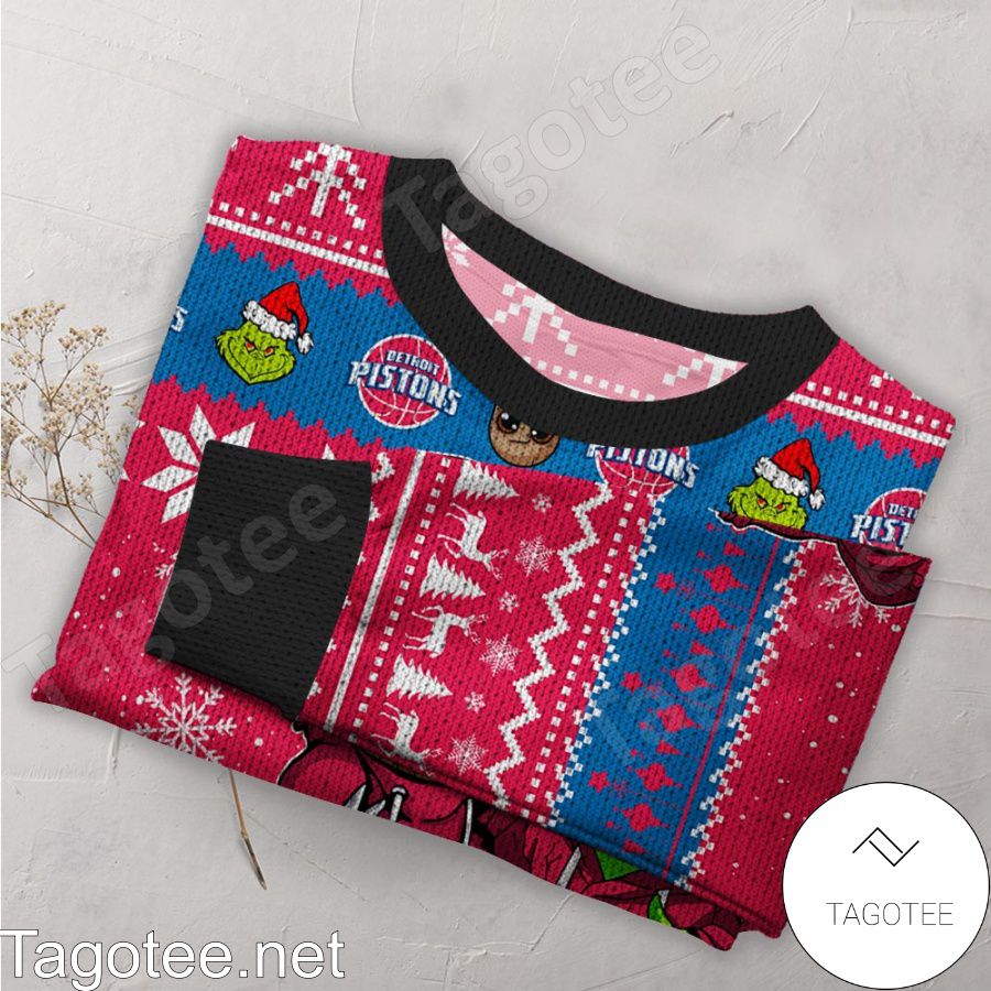 Detroit Pistons Baby Groot And Grinch NBA Ugly Christmas Sweater a