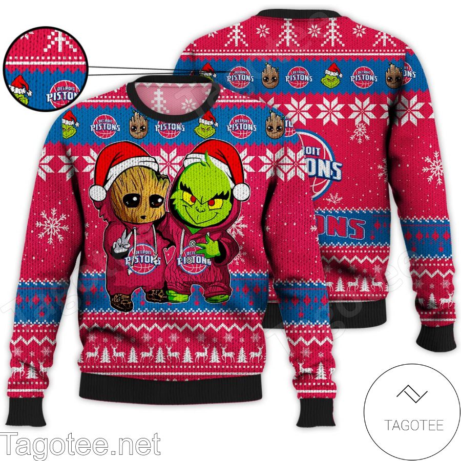 Detroit Pistons Baby Groot And Grinch NBA Ugly Christmas Sweater