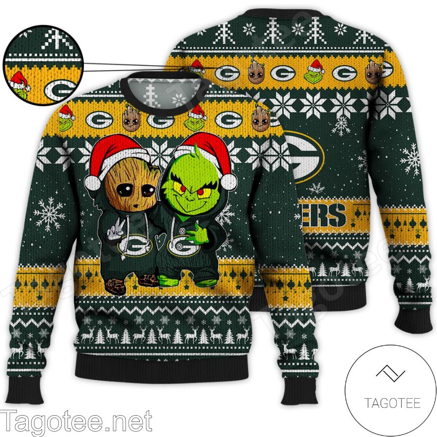 Green Bay Packers Baby Groot And Grinch NFL Ugly Christmas Sweater