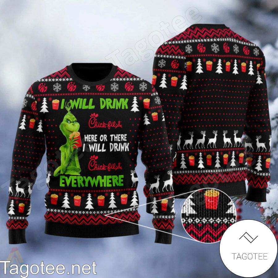 Grinch I Will Drink Chick-fil-A Everywhere Ugly Christmas Sweater