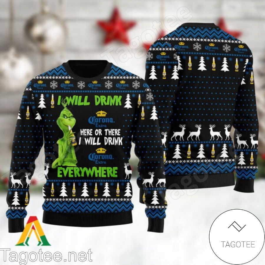 Grinch I Will Drink Corona Extra Everywhere Ugly Christmas Sweater