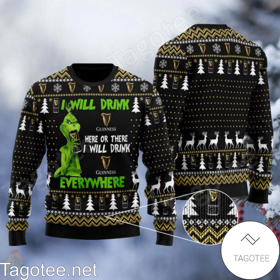 Grinch I Will Drink Guinness Beer Everywhere Ugly Christmas Sweater