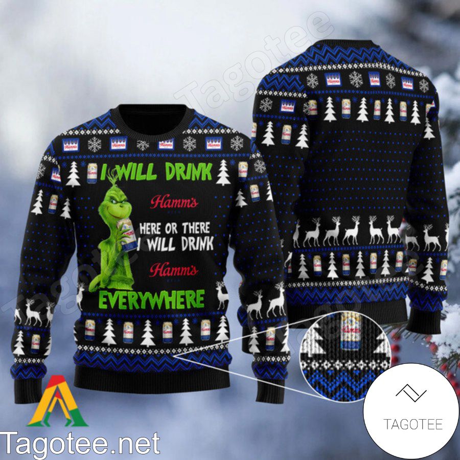 Grinch I Will Drink Hamm's Beer Everywhere Ugly Christmas Sweater