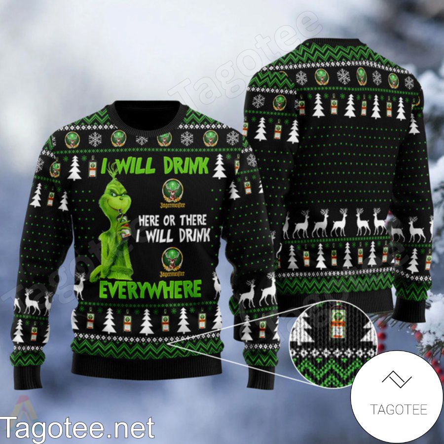 Grinch I Will Drink Jagermeister Everywhere Ugly Christmas Sweater