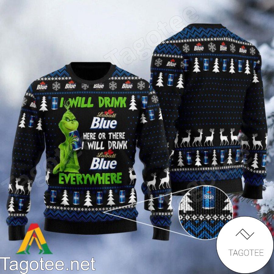 Grinch I Will Drink Labatt Blue Everywhere Ugly Christmas Sweater