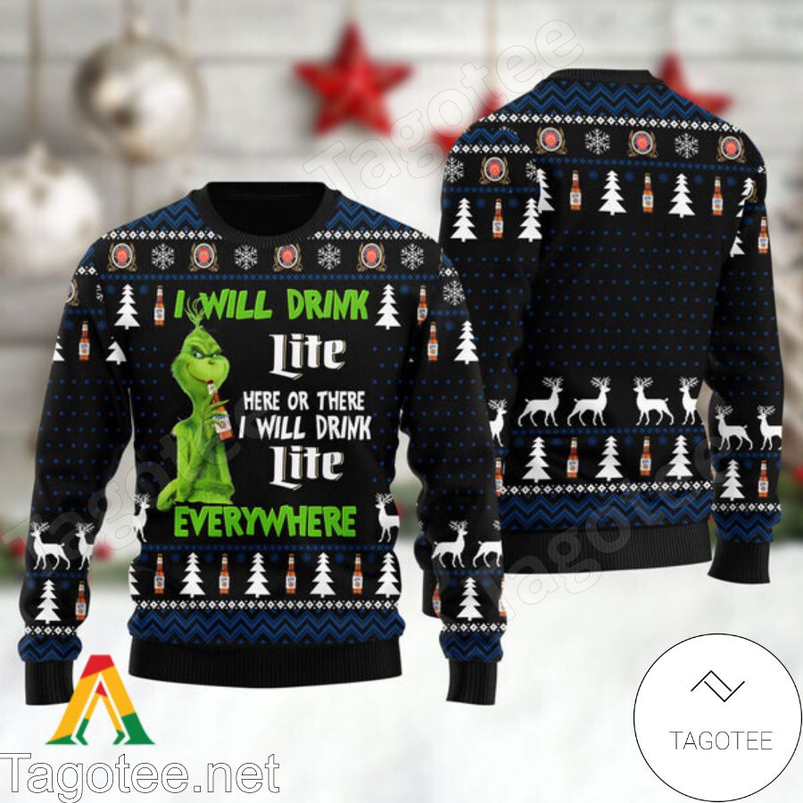 Grinch I Will Drink Miller Lite Everywhere Ugly Christmas Sweater