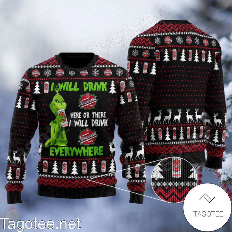 Grinch I Will Drink Narragansett Beer Everywhere Ugly Christmas Sweater