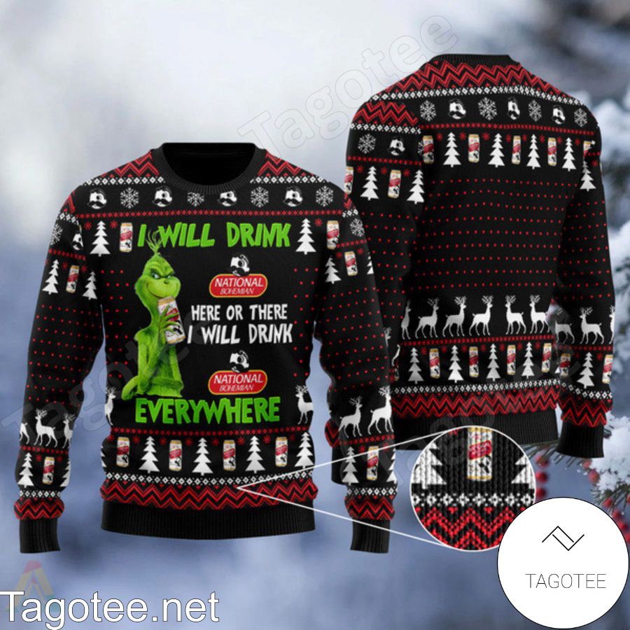 Grinch I Will Drink National Bohemian Everywhere Ugly Christmas Sweater