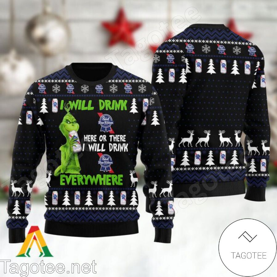 Grinch I Will Drink Pabst Blue Ribbon Everywhere Ugly Christmas Sweater