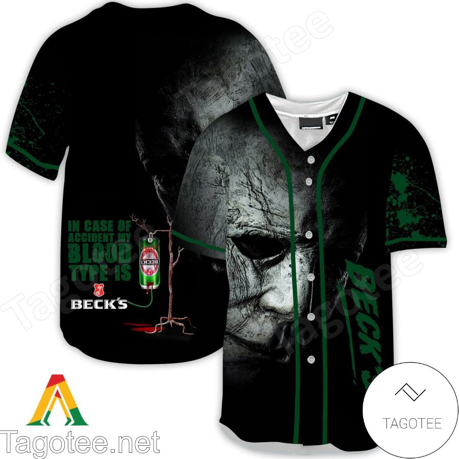 Halloween Horror Michael Myers Beck's Beer In Case Of Accident My Blood Type Is Baseball Jersey