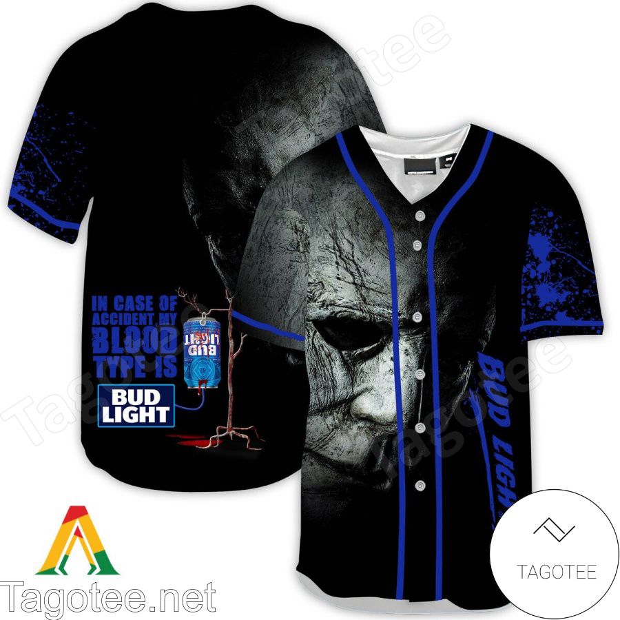 Halloween Horror Michael Myers Bud Light In Case Of Accident My Blood Type Is Baseball Jersey