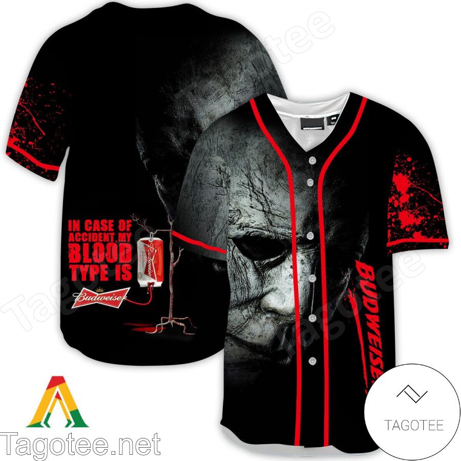 Halloween Horror Michael Myers Budweiser Beer In Case Of Accident My Blood Type Is Baseball Jersey