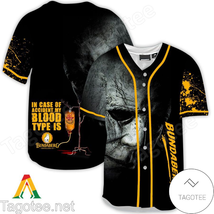 Halloween Horror Michael Myers Bundaberg Rum In Case Of Accident My Blood Type Is Baseball Jersey