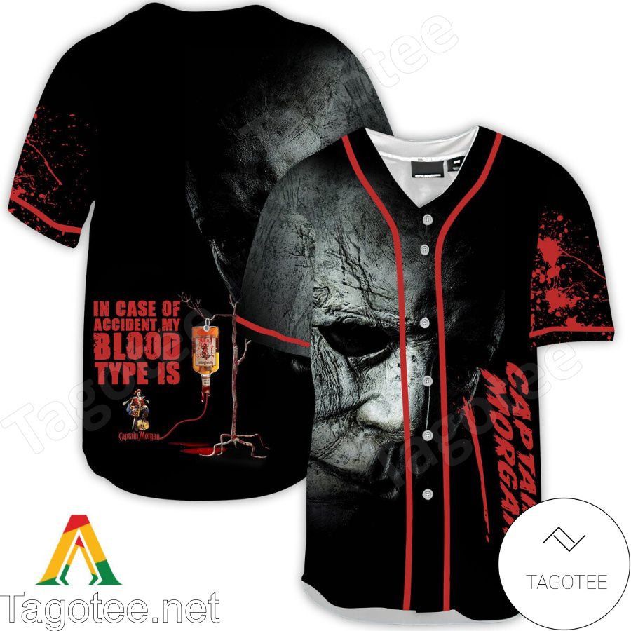 Halloween Horror Michael Myers Captain Morgan In Case Of Accident My Blood Type Is Baseball Jersey