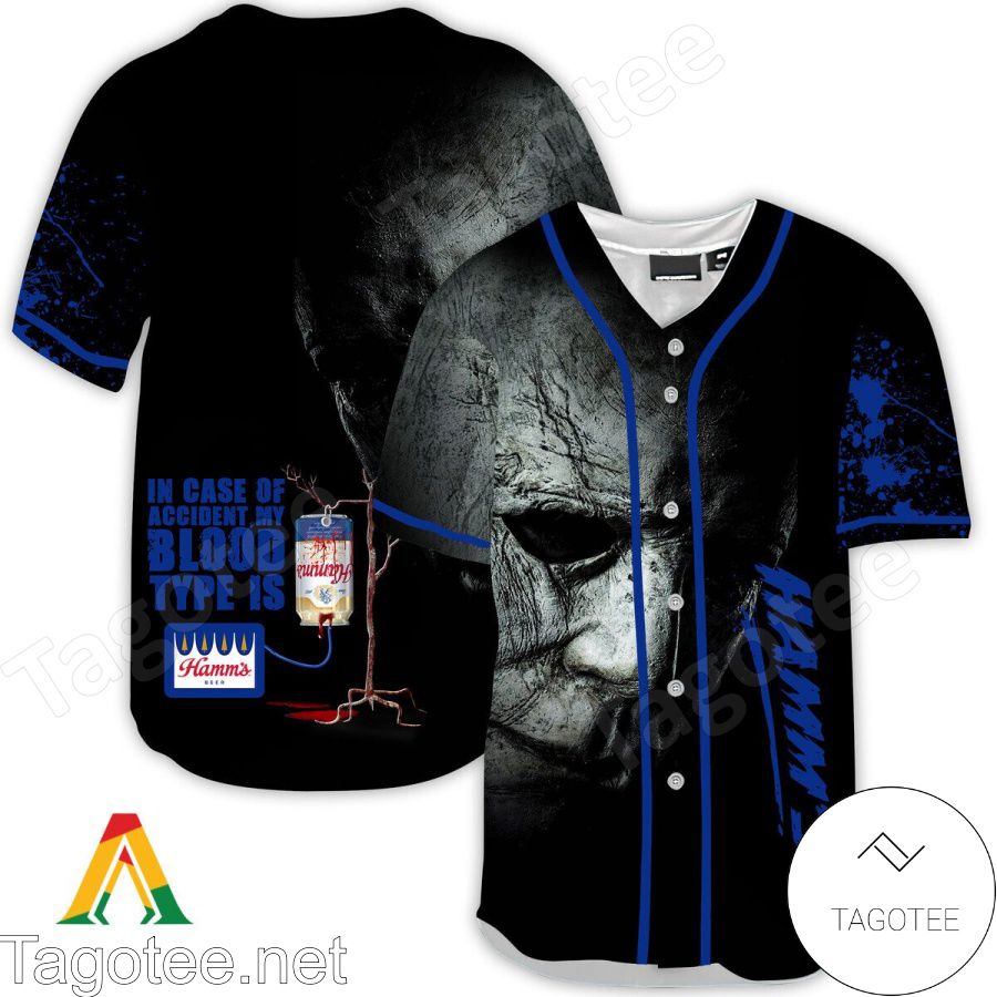 Halloween Horror Michael Myers Hamm's Beer In Case Of Accident My Blood Type Is Baseball Jersey