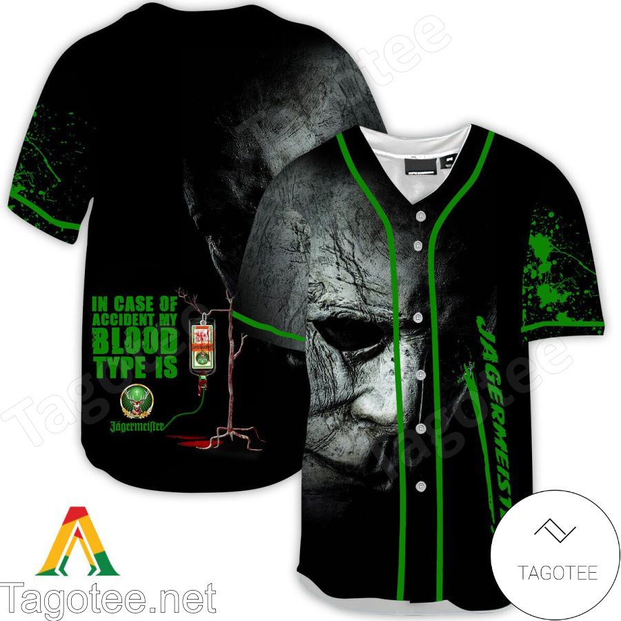 Halloween Horror Michael Myers Jagermeister In Case Of Accident My Blood Type Is Baseball Jersey