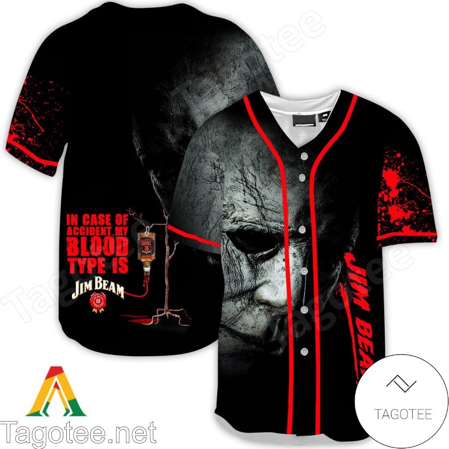 Halloween Horror Michael Myers Jim Beam In Case Of Accident My Blood Type Is Baseball Jersey