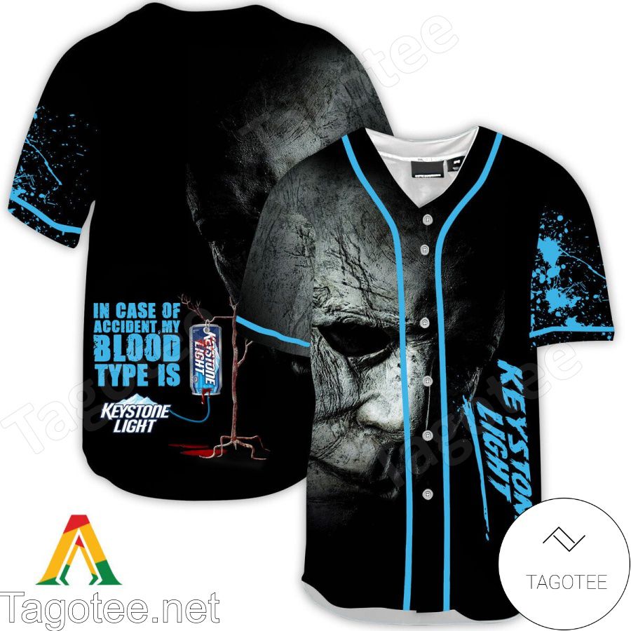 Halloween Horror Michael Myers Keystone Light In Case Of Accident My Blood Type Is Baseball Jersey