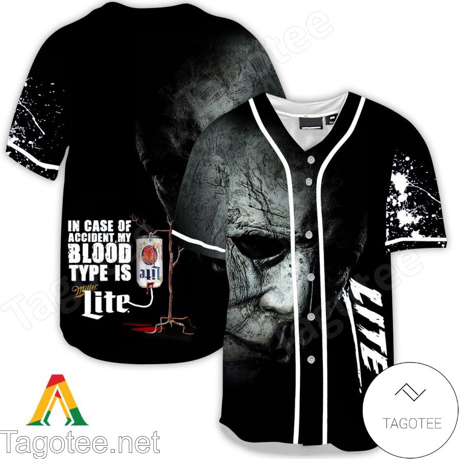 Halloween Horror Michael Myers Miller Lite In Case Of Accident My Blood Type Is Baseball Jersey