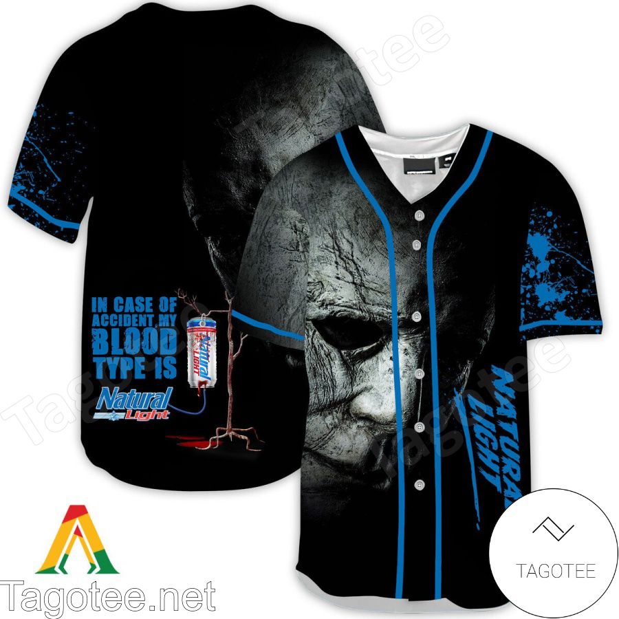 Halloween Horror Michael Myers Natural Light In Case Of Accident My Blood Type Is Baseball Jersey