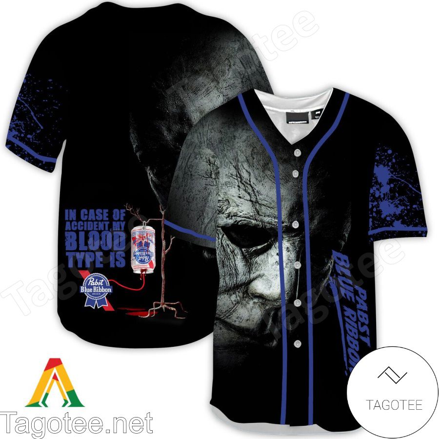 Halloween Horror Michael Myers Pabst Blue Ribbon In Case Of Accident My Blood Type Is Baseball Jersey