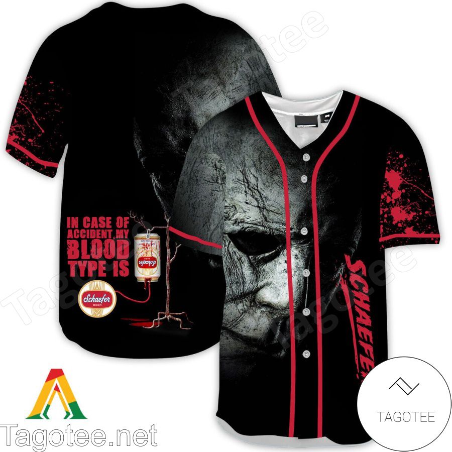 Halloween Horror Michael Myers Schaefer Beer In Case Of Accident My Blood Type Is Baseball Jersey