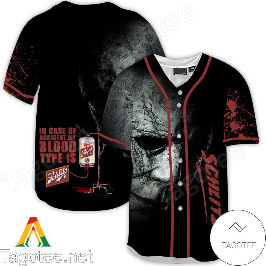 Halloween Horror Michael Myers Schlitz Beer In Case Of Accident My Blood Type Is Baseball Jersey