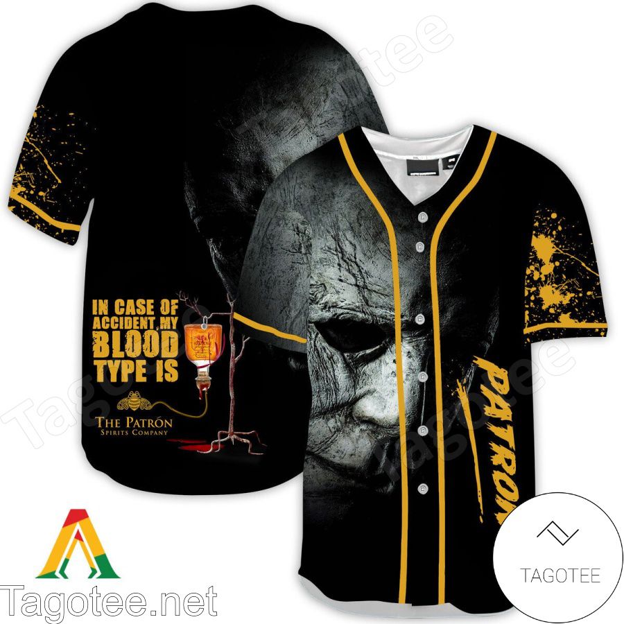 Halloween Horror Michael Myers Tequila Patron In Case Of Accident My Blood Type Is Baseball Jersey